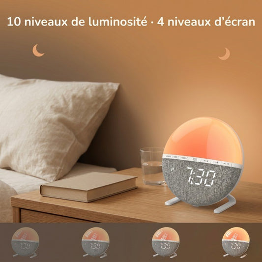 Veilleuse adulte réveil simulateur lever soleil – 7 sons naturels, 9 couleurs & minuterie 120min – SoleilDoux