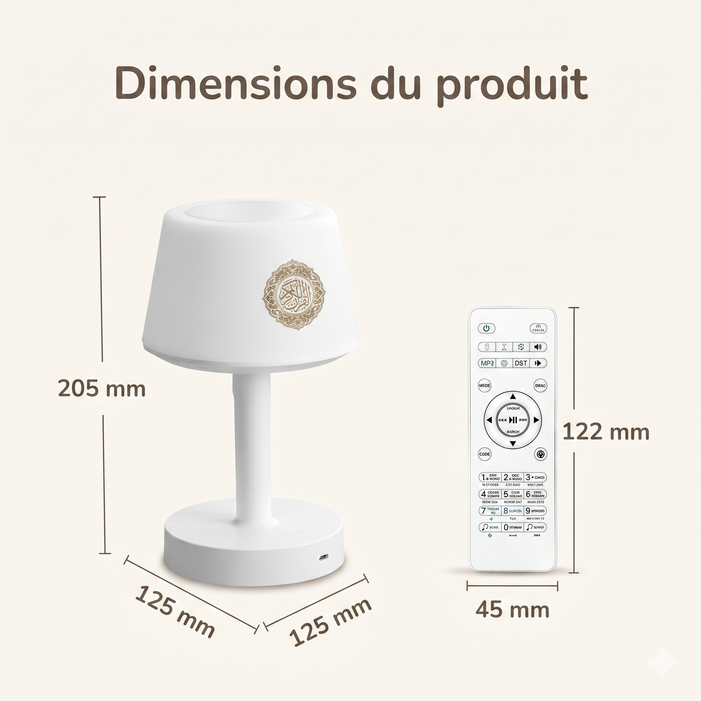 Veilleuse coranique Bluetooth rechargeable – 114 sourates, 16 récitants & télécommande – NourCoran