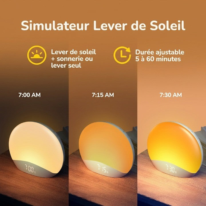 Veilleuse enfant réveil simulateur lever soleil – 26 sons apaisants & 8 couleurs douces – BoisLune