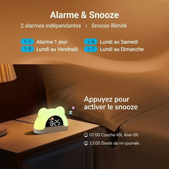 Veilleuse enfant réveil ours simulateur lever soleil – 11 couleurs & 10 sons – PetitOurs