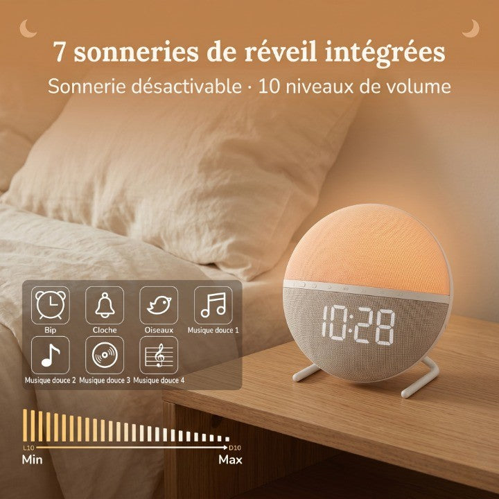Veilleuse adulte réveil simulateur lever soleil – 7 sons naturels, 9 couleurs & minuterie 120min – SoleilDoux