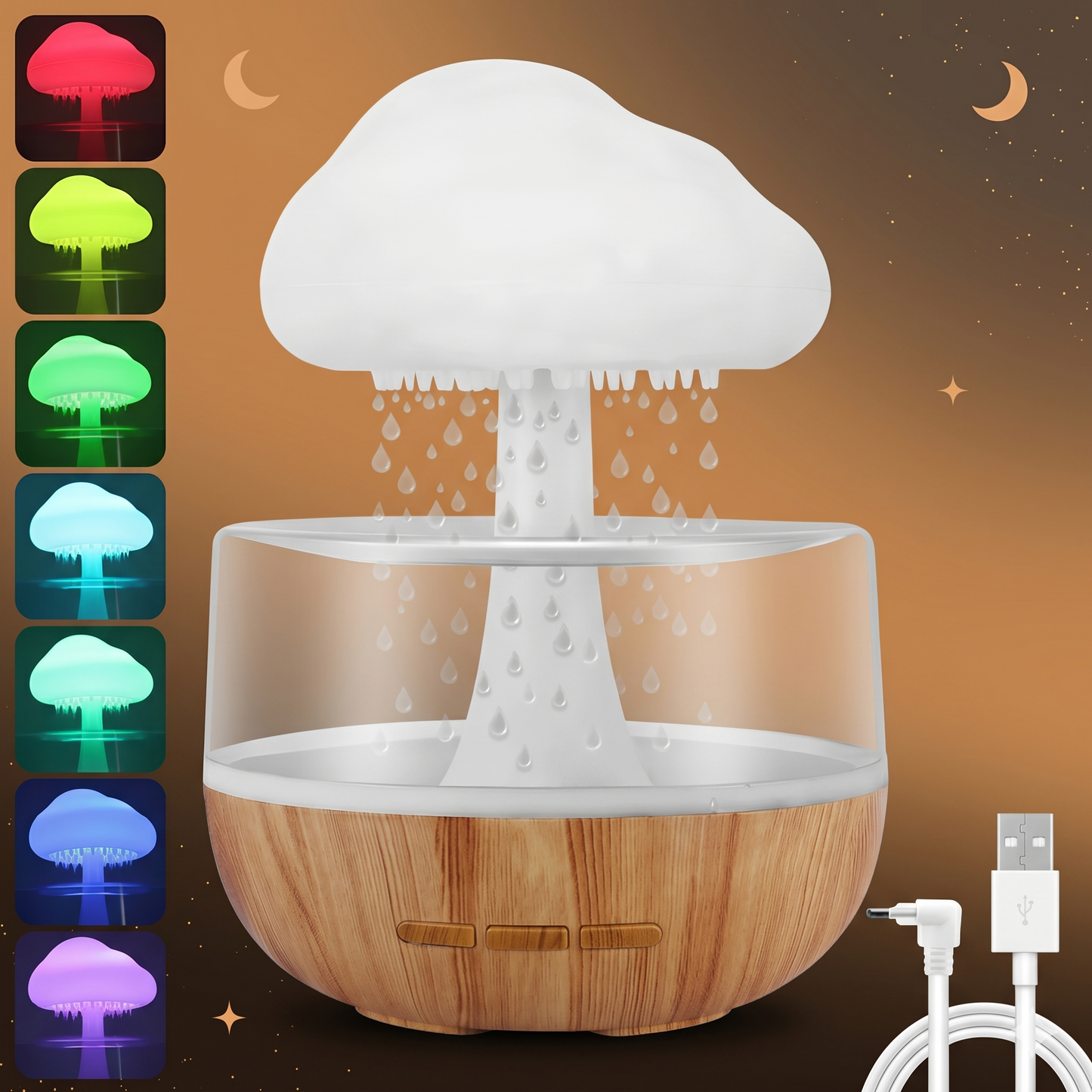 Veilleuse LED humidificateur nuage pluie – 3 niveaux luminosité, aromathérapie & batterie 1500mAh – RainCloud