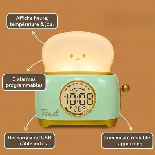 Veilleuse Enfant Réveil LED Forme Toast Kawaii, Affichage Température et Heure, Snooze – ToastiDoux