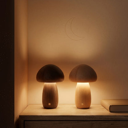Veilleuse Enfant Champignon Bois Tactile Dimmable Rechargeable USB — LumièreForêt