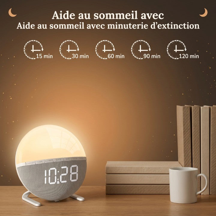 Veilleuse adulte réveil simulateur lever soleil – 7 sons naturels, 9 couleurs & minuterie 120min – SoleilDoux