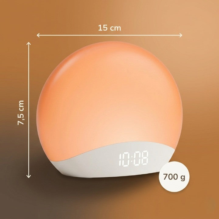 Veilleuse enfant réveil simulateur lever soleil – 26 sons apaisants & 8 couleurs douces – BoisLune