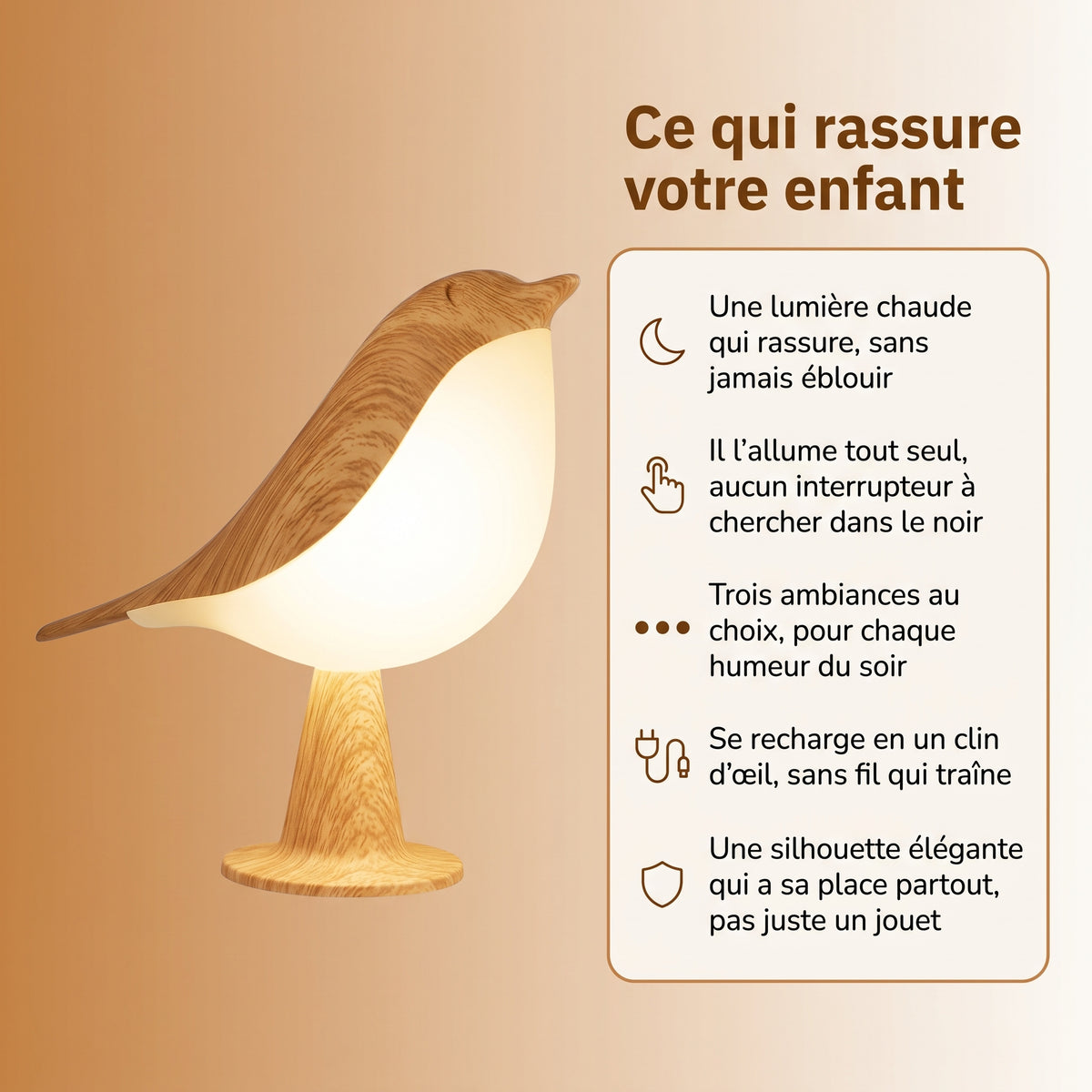 Veilleuse tactile oiseau LED rechargeable – PlumeBois