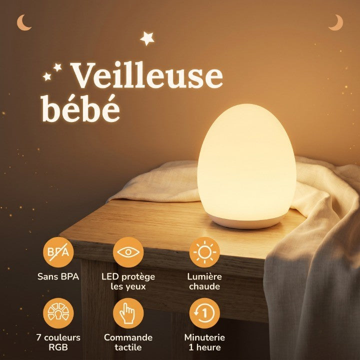 Veilleuse Bébé LED 7 Couleurs Tactile Dimmable Rechargeable USB Télécommande — LunaŒuf