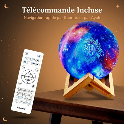 Veilleuse coranique LED globe galaxie – Coran complet, 7 couleurs & haut-parleur Bluetooth 5W – QamarNour
