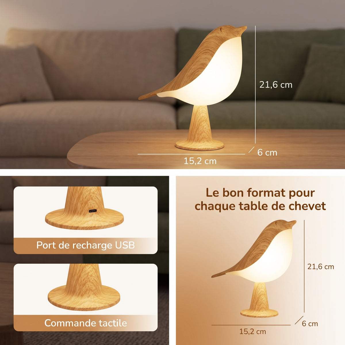 Veilleuse tactile oiseau LED rechargeable – PlumeBois