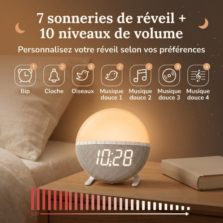 Veilleuse adulte réveil simulateur lever soleil – 7 sons naturels, 9 couleurs & minuterie 120min – SoleilDoux