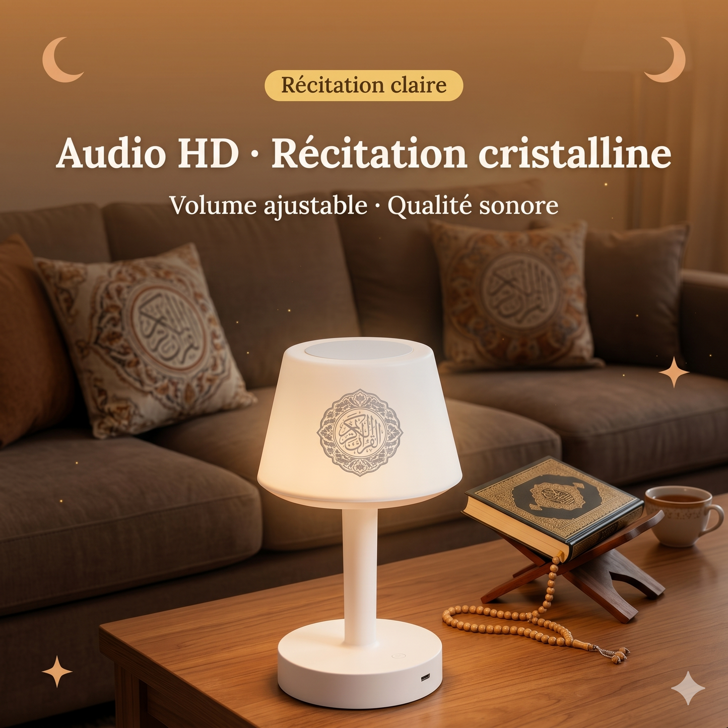 Veilleuse coranique Bluetooth rechargeable – 114 sourates, 16 récitants & télécommande – NourCoran