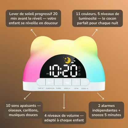 Veilleuse enfant réveil ours simulateur lever soleil – 11 couleurs & 10 sons – PetitOurs