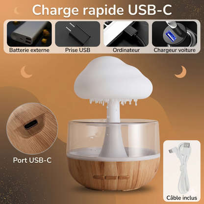 Veilleuse LED humidificateur nuage pluie – 3 niveaux luminosité, aromathérapie & batterie 1500mAh – RainCloud