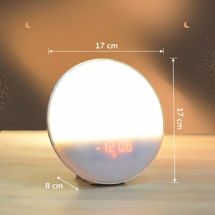 Veilleuse enfant réveil simulateur lever soleil – Radio FM, 7 sons & 7 couleurs douces – AuroraLune