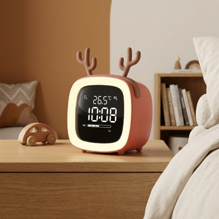Veilleuse enfant rechargeable réveil renne thermomètre – Luminosité réglable & minuterie – PetitRenne