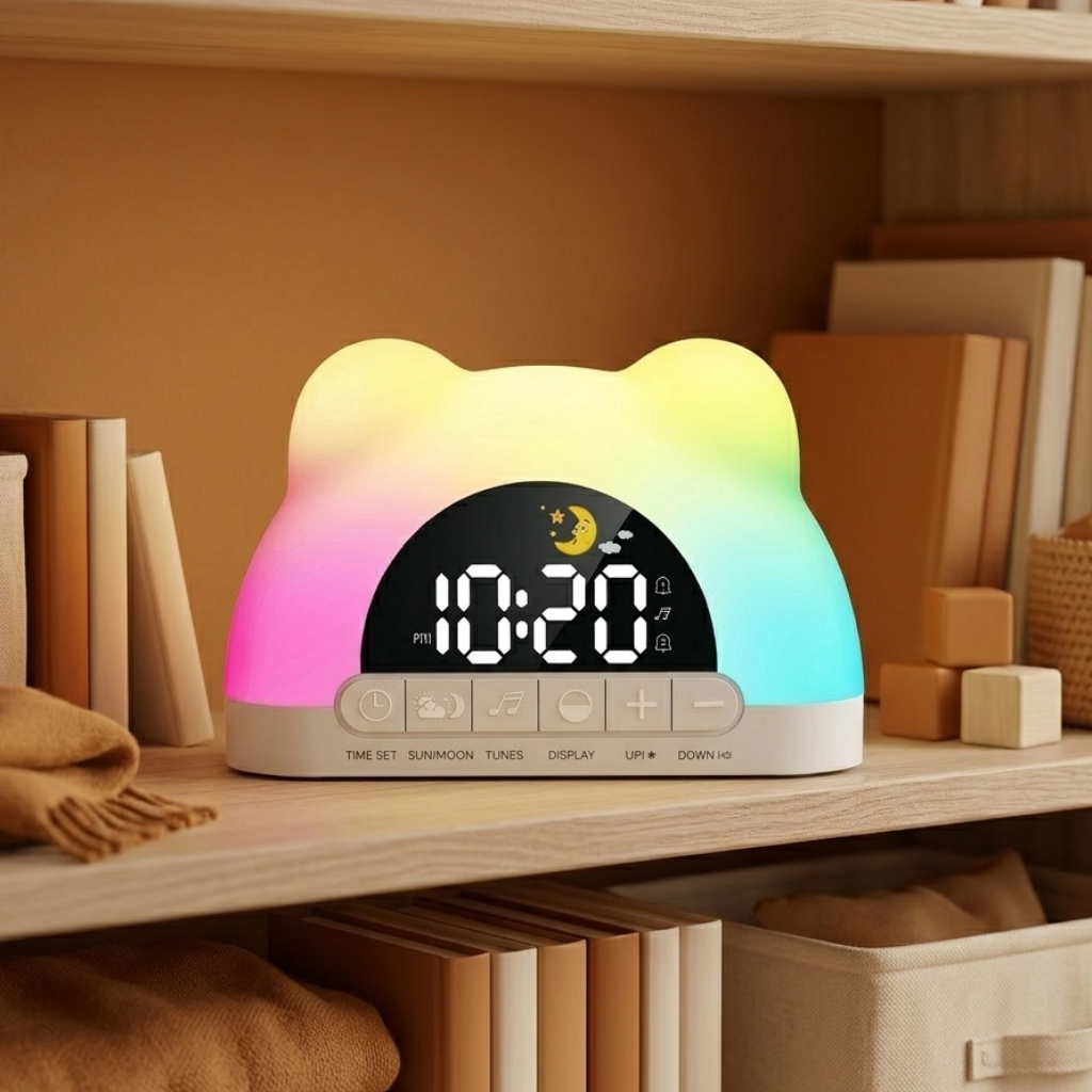 Veilleuse enfant réveil ours simulateur lever soleil – 11 couleurs & 10 sons – PetitOurs