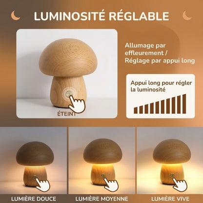 Veilleuse Enfant Champignon Bois Tactile Dimmable Rechargeable USB — LumièreForêt