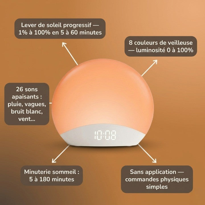 Veilleuse enfant réveil simulateur lever soleil – 26 sons apaisants & 8 couleurs douces – BoisLune