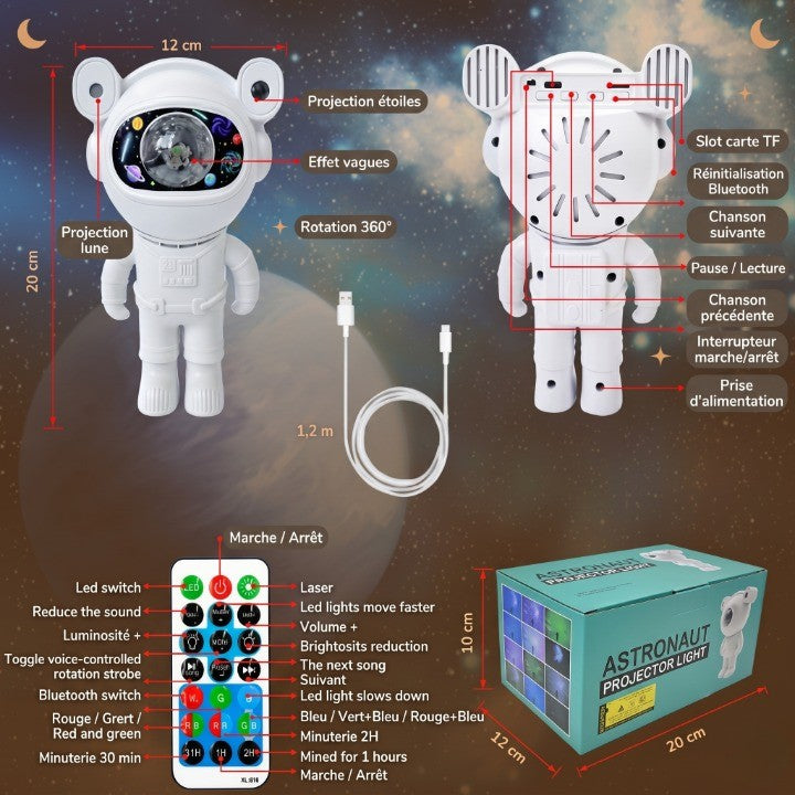 Veilleuse astronaute projecteur LED galaxie – 82 effets, rotation 360°, Bluetooth & télécommande – CosmoBear