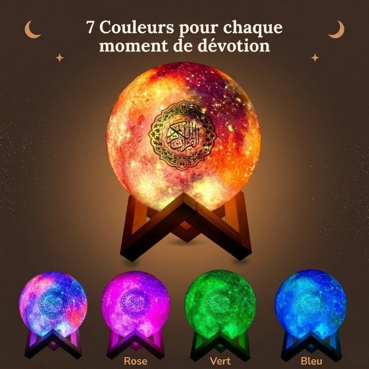Veilleuse coranique LED globe galaxie – Coran complet, 7 couleurs & haut-parleur Bluetooth 5W – QamarNour