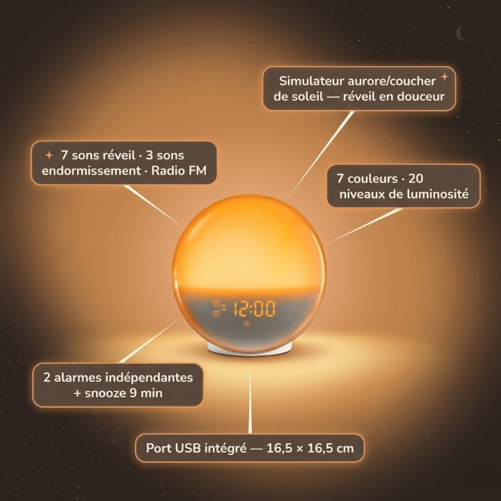 Veilleuse enfant réveil simulateur lever soleil – Radio FM, 7 sons & 7 couleurs douces – AuroraLune