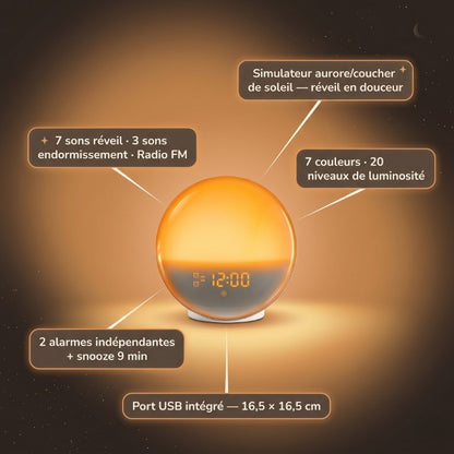 Veilleuse enfant réveil simulateur lever soleil – Radio FM, 7 sons & 7 couleurs douces – AuroraLune