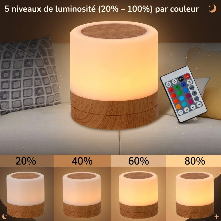 Veilleuse bébé tactile bois rechargeable – 13 couleurs, télécommande & minuterie – ChaleurBois
