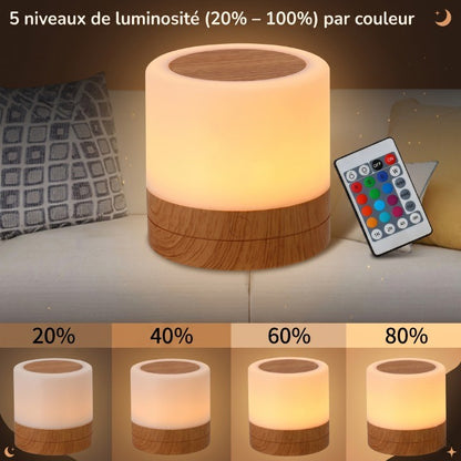 Veilleuse bébé tactile bois rechargeable – 13 couleurs, télécommande & minuterie – ChaleurBois