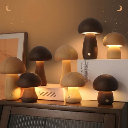 Veilleuse Enfant Champignon Bois Tactile Dimmable Rechargeable USB — LumièreForêt