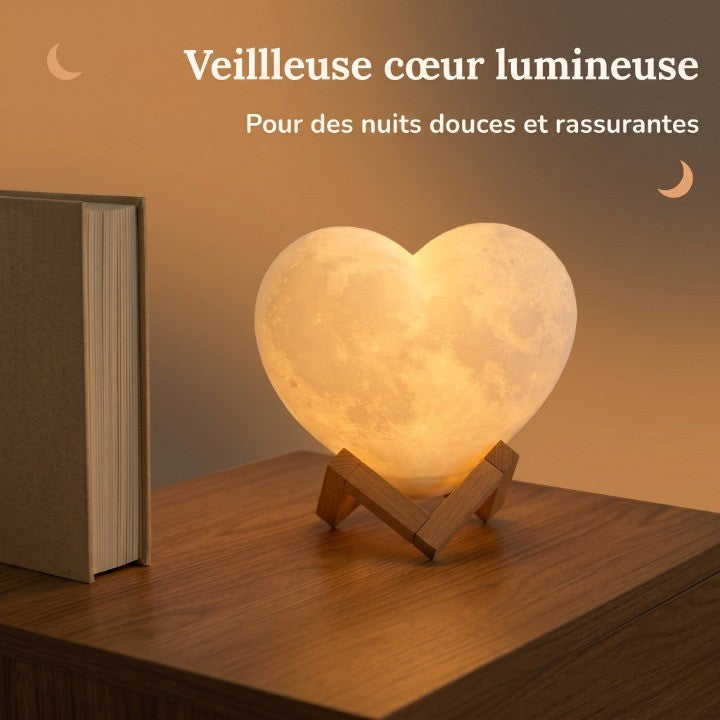 Veilleuse bébé cœur rechargeable – 16 couleurs, télécommande & socle bois – CœurLumière