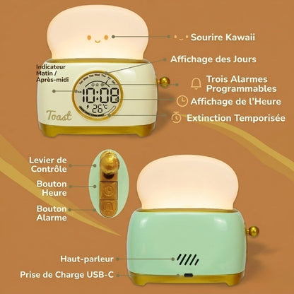 Veilleuse Enfant Réveil LED Forme Toast Kawaii, Affichage Température et Heure, Snooze – ToastiDoux