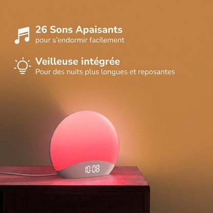 Veilleuse enfant réveil simulateur lever soleil – 26 sons apaisants & 8 couleurs douces – BoisLune