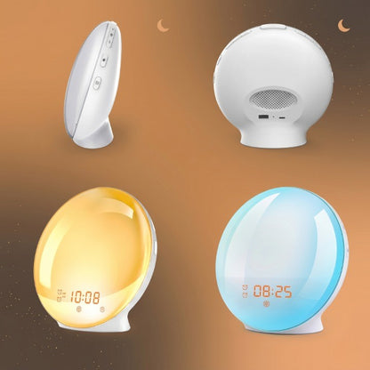 Veilleuse enfant réveil simulateur lever soleil – Radio FM, 7 sons & 7 couleurs douces – AuroraLune