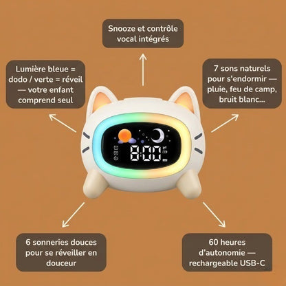 Veilleuse enfant Réveil Apprentissage Sommeil Enfant – Alarme Douce, 7 Sons & Veilleuse Colorée – PetitOurs