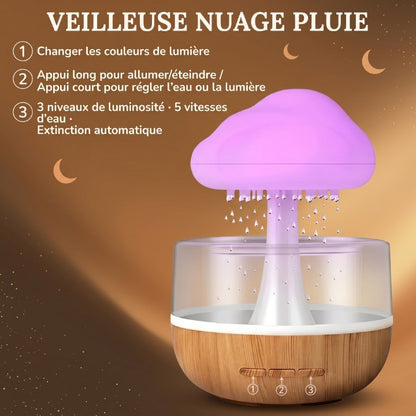Veilleuse LED humidificateur nuage pluie – 3 niveaux luminosité, aromathérapie & batterie 1500mAh – RainCloud