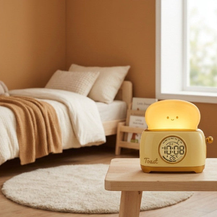 Veilleuse Enfant Réveil LED Forme Toast Kawaii, Affichage Température et Heure, Snooze – ToastiDoux