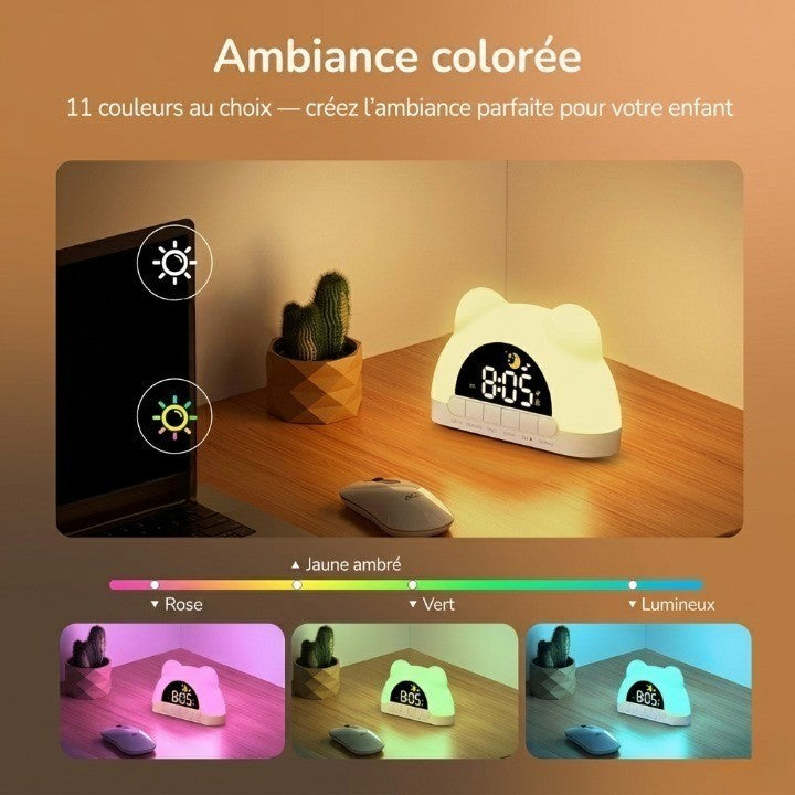 Veilleuse enfant réveil ours simulateur lever soleil – 11 couleurs & 10 sons – PetitOurs