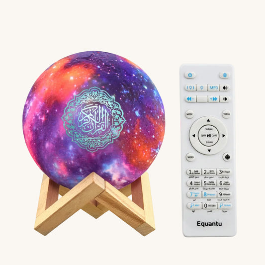 Veilleuse coranique LED globe galaxie – Coran complet, 7 couleurs & haut-parleur Bluetooth 5W – QamarNour