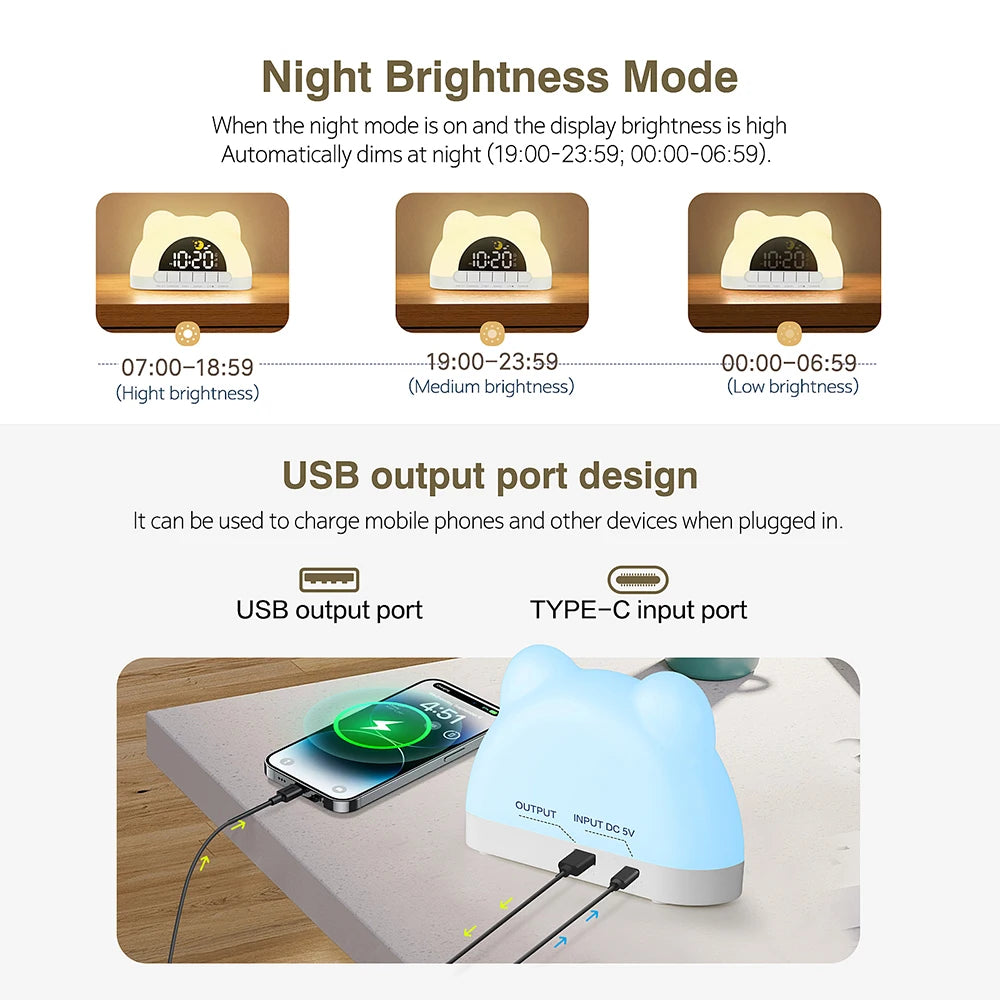 Veilleuse enfant réveil ours simulateur lever soleil – 11 couleurs & 10 sons – PetitOurs