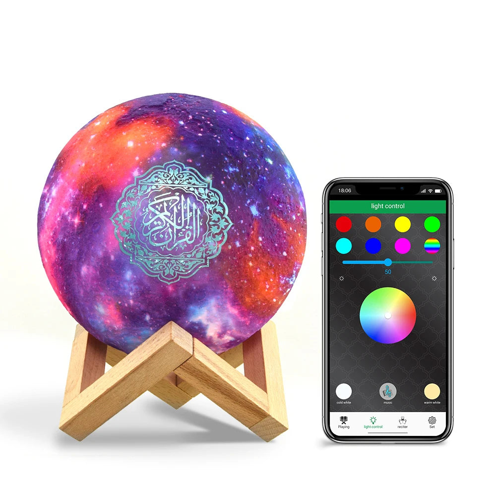 Veilleuse coranique LED globe galaxie – Coran complet, 7 couleurs & haut-parleur Bluetooth 5W – QamarNour