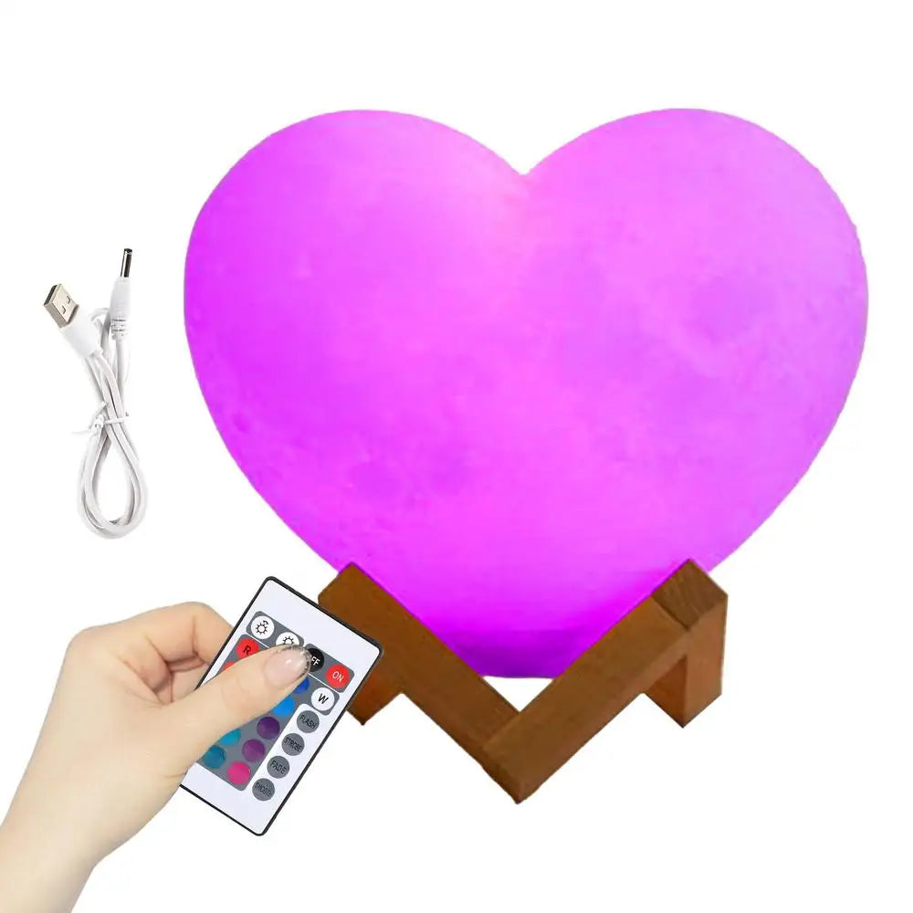 Veilleuse bébé cœur rechargeable – 16 couleurs, télécommande & socle bois – CœurLumière