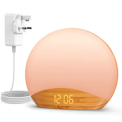 Veilleuse enfant réveil simulateur lever soleil – 26 sons apaisants & 8 couleurs douces – BoisLune