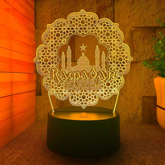 Veilleuse coranique Ramadan Kareem 3D acrylique base noire – 16 couleurs & télécommande – RamadanNoor