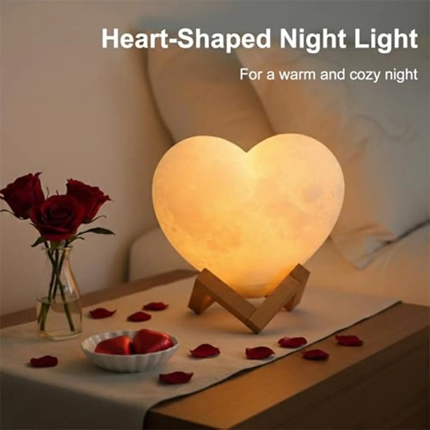 Veilleuse bébé cœur rechargeable – 16 couleurs, télécommande & socle bois – CœurLumière